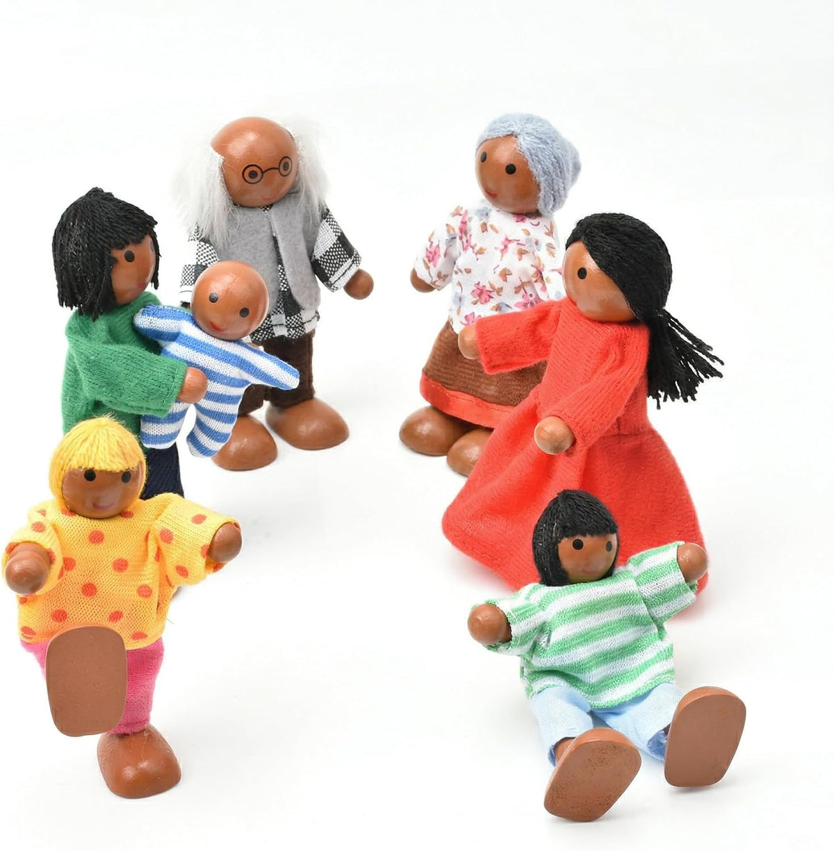 Juego de 14 piezas de casa de muñecas de madera con extremidades móviles, mini figuras de personas para jugar en casa de muñecas
