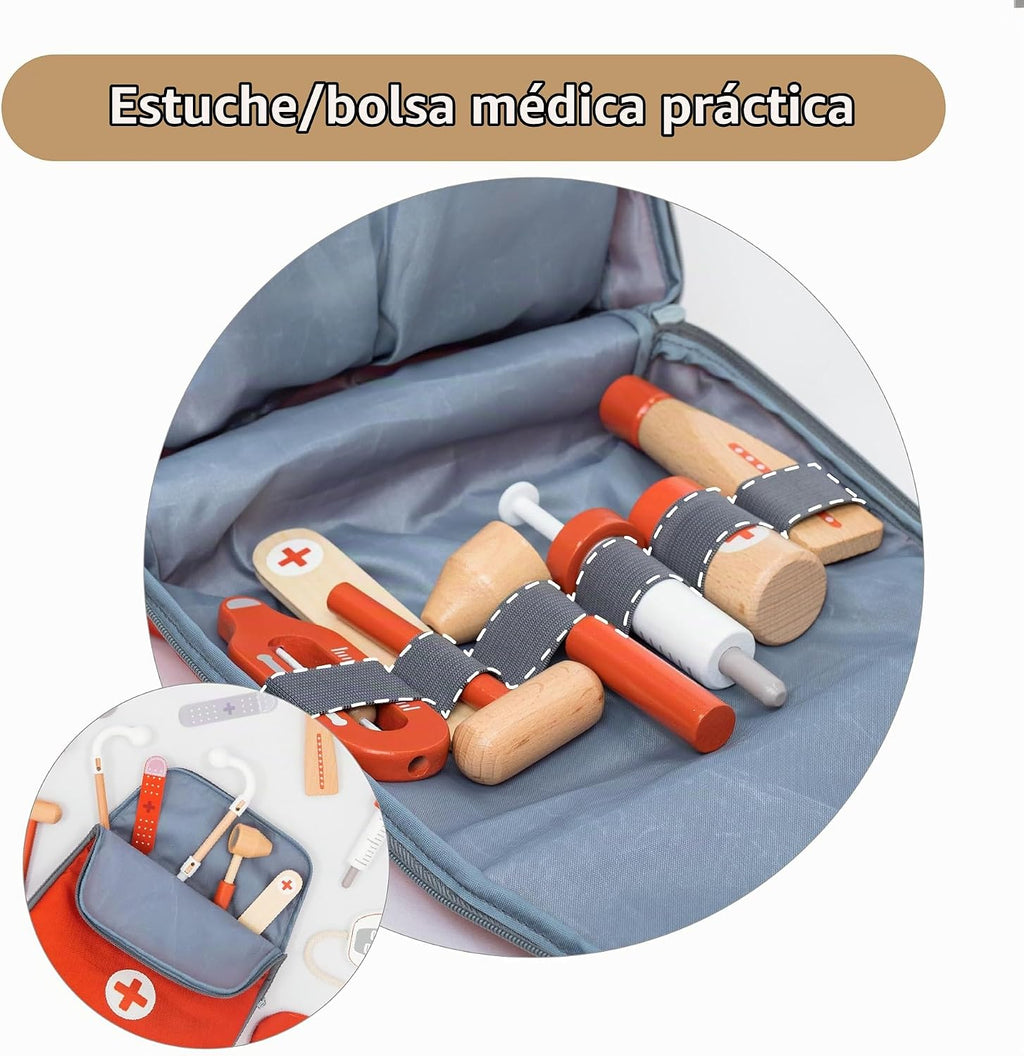 UMU® Mini kit médico de madera para niños – 14 piezas de juego médico para niños pequeños con estetoscopio, jeringa, bolsa de médico, manguito de presión arterial y más – juego de simulación para niños y niñas de 3, 4, 5, 6 años