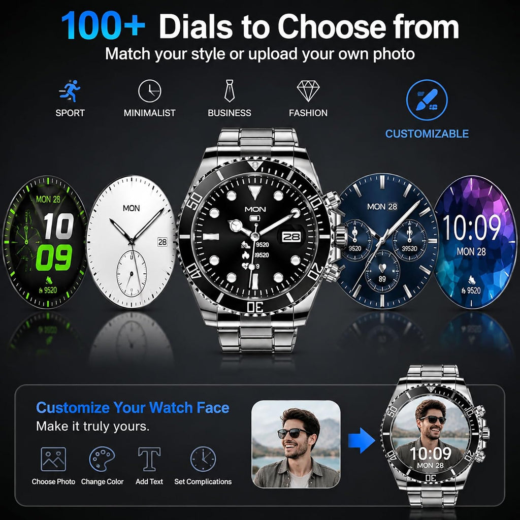 findtime Reloj inteligente para teléfonos Android, contestar llamadas, recordatorio de SMS, reloj inteligente compatible con iPhone, Bluetooth, acero inoxidable, reloj de fitness para hombre, reloj inteligente