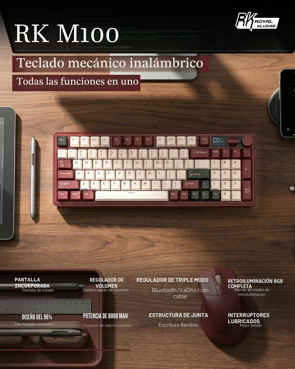 RK ROYAL KLUDGE Teclado mecánico inalámbrico M100 con pantalla y perillas
