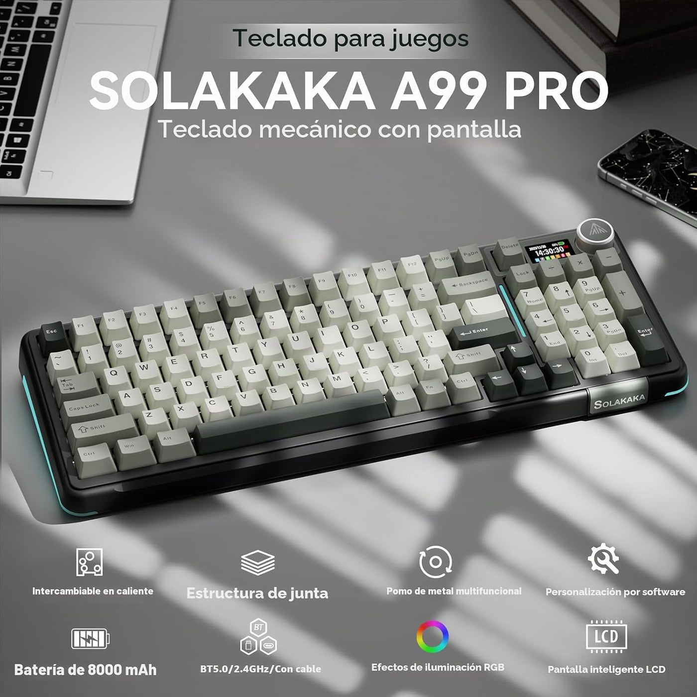SOLAKAKA Teclado mecánico inalámbrico A99 Pro con pantalla LCD y pe...
