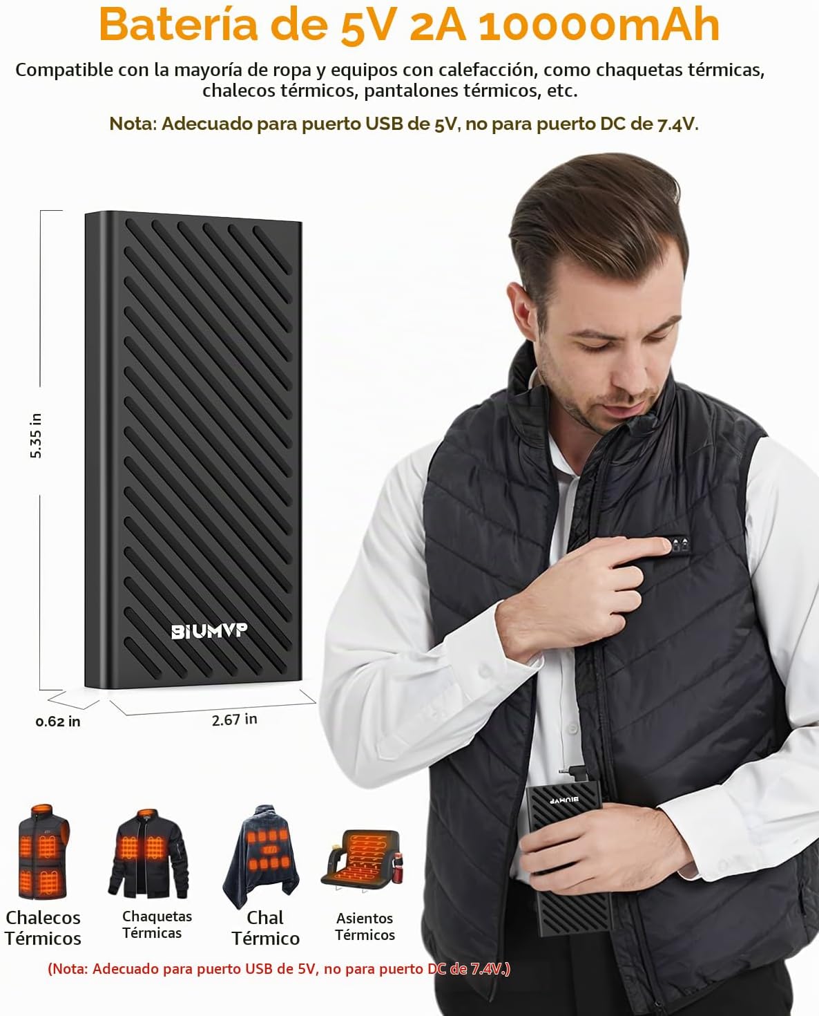 BIUMVP Paquete de Batería para Chaleco Calefactable, Power Bank de...
