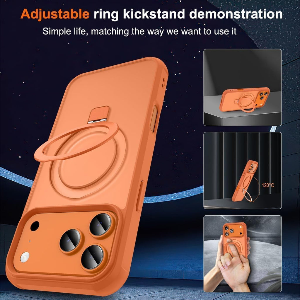 Funda magnética compatible con iPhone 17 Pro con soporte, prueba de caídas de grado militar, compatible con imán, anillo translúcido, parte trasera dura, borde suave, color naranja cósmico