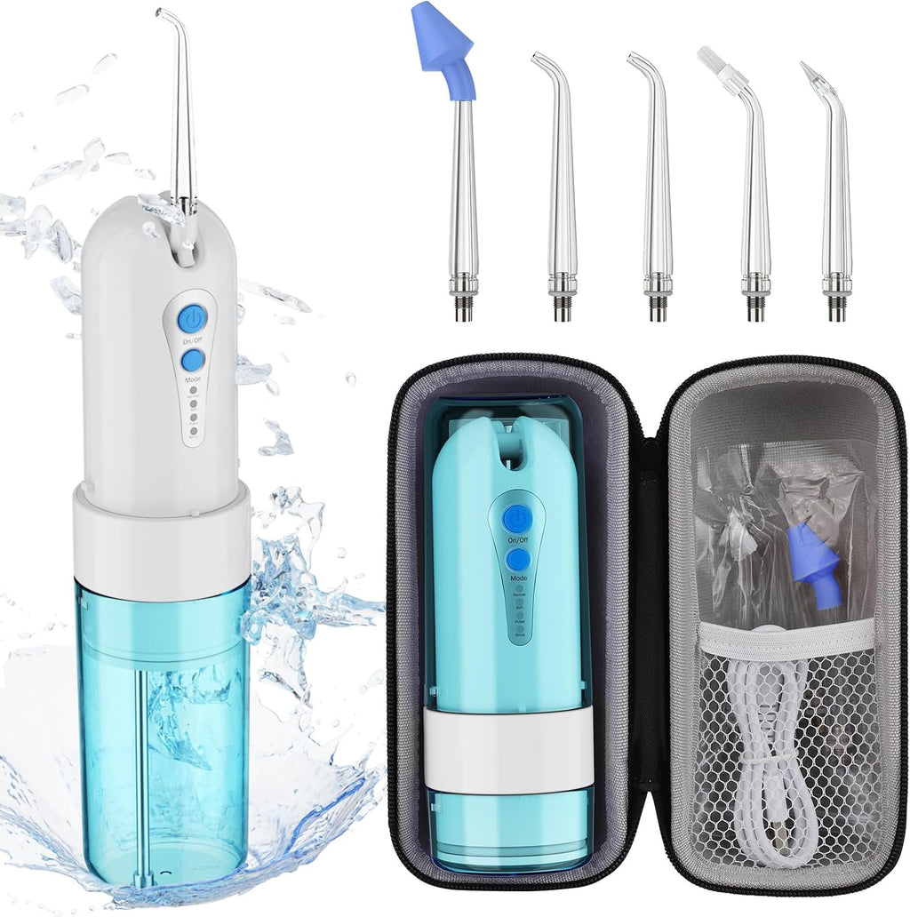 Irrigador dental de agua para limpieza de dientes y hilo dental con funda de tamaño de viaje, irrigador oral recargable, irrigador dental portátil KOOVON para adultos, IPX7 impermeable