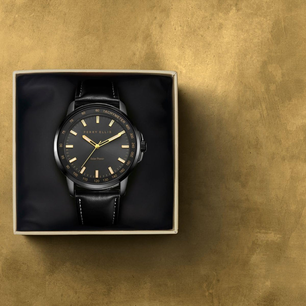 Reloj Perry Ellis para hombre con energía solar | Relojes de pulsera analógicos resistentes al agua de cuero vegano para hombre | Caja de 43mm | Bisel taquimétrico de aluminio | Elegante regalo para