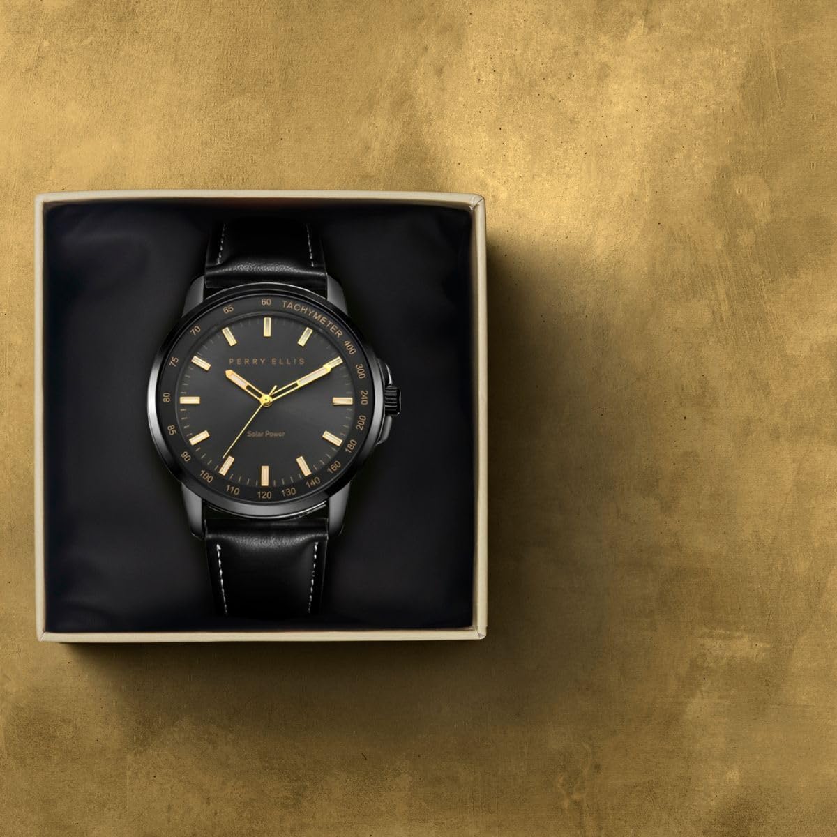 Reloj Perry Ellis para hombre con energía solar | Relojes de pulsera analógicos resistentes al agua de cuero vegano para hombre | Caja de 43mm | Bisel taquimétrico de aluminio | Elegante regalo para