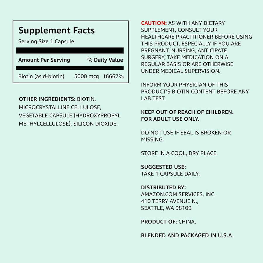 Biotina de Amazon Elements de 5,000 mg, vegana; 130 cápsulas