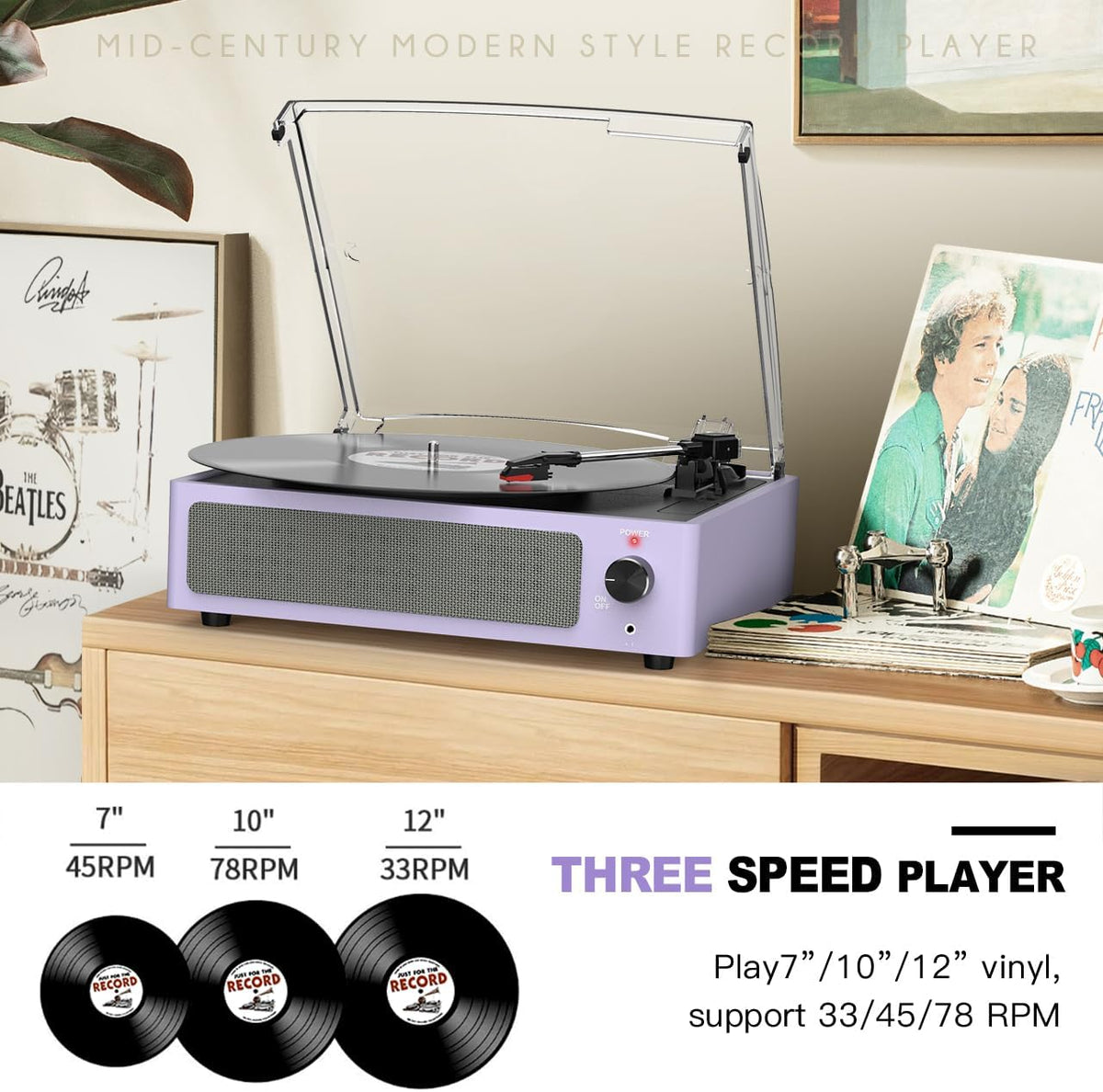 Reproductor de discos de vinilo todo en uno con altavoces, tocadiscos con transmisión por correa de 3 velocidades, 3 tamaños, 33 1/3 45 78 RPM, BT inalámbrico, entrada para auriculares AUX, RCA
