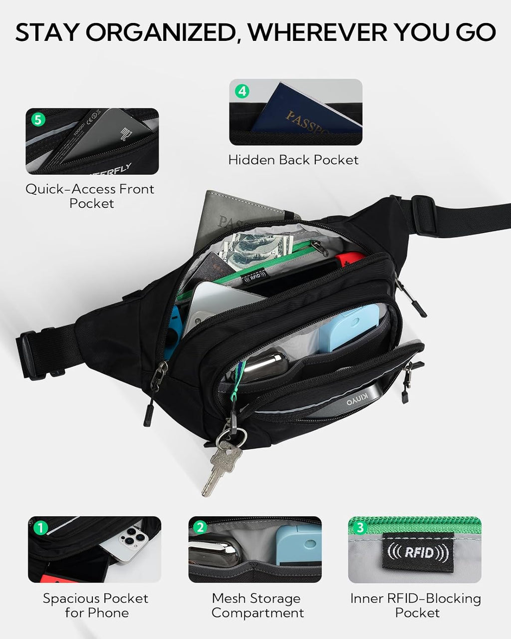 WATERFLY Riñonera RFID de 3.5L: Riñonera cruzada antirrobo de gran capacidad con correa extensora, 5 bolsillos con cremallera, cintura para hombres y mujeres, viajes diarios, senderismo y caminar