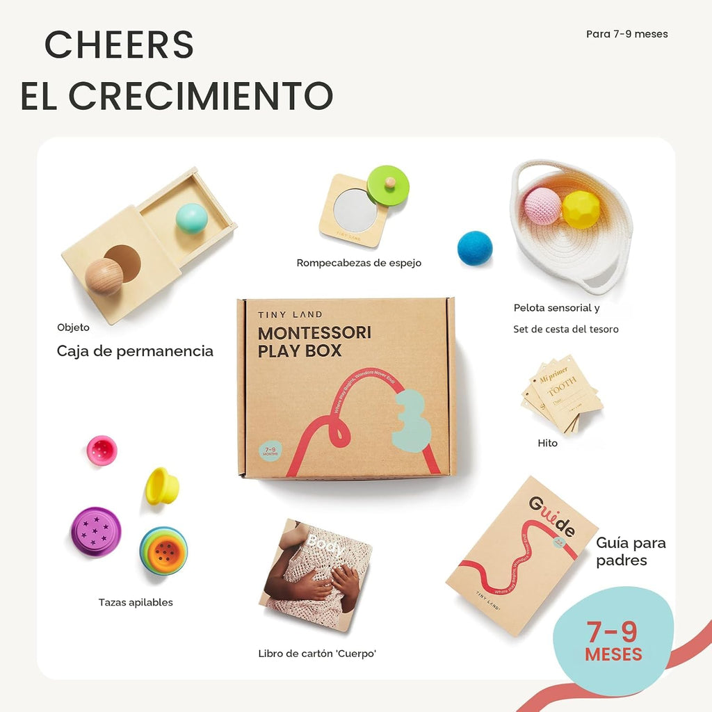 Tiny Land Juego de juguetes Montessori para bebés de 7 a 9 meses Kit de juego sensorial - 5 en 1 Juguetes de aprendizaje de madera con caja de permanencia de objetos, bola sensorial, tazas apilables y