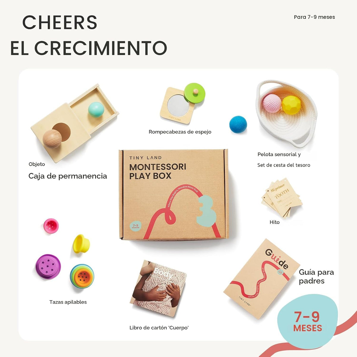 Tiny Land Juego de juguetes Montessori para bebés de 7 a 9 meses Kit de juego sensorial - 5 en 1 Juguetes de aprendizaje de madera con caja de permanencia de objetos, bola sensorial, tazas apilables y