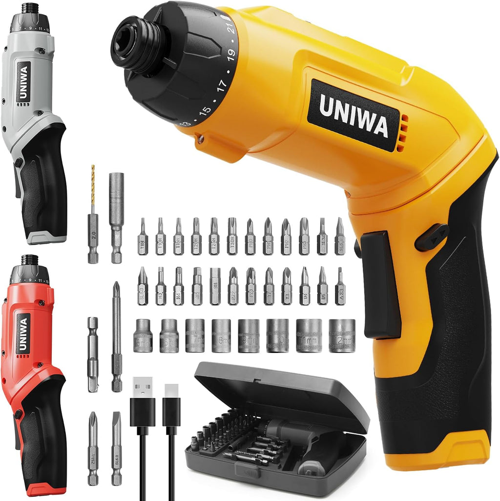 UNIWA - Destornillador eléctrico inalámbrico recargable, taladro eléctrico de 650 RPM, color amarillo