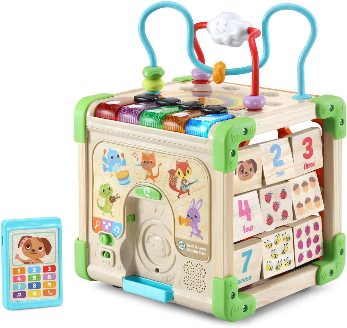 LeapFrog Cubo de Actividades Electrónico Táctil con Música y Luces de Madera, Tema de Animales, Edades 1 en Adelante