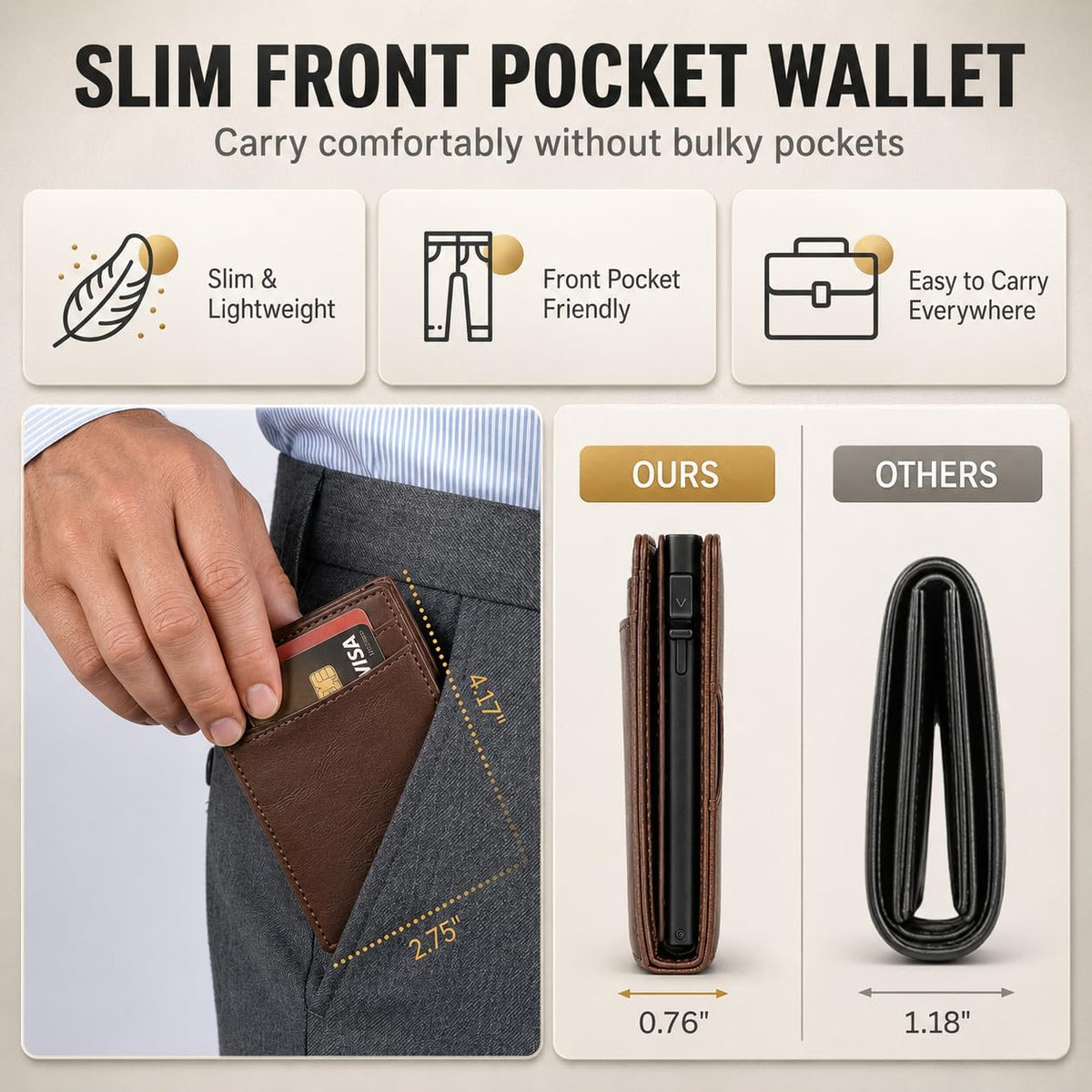 Cartera desplegable para hombre, cartera de piel con bloqueo RFID y tarjetero de aluminio, Marrón, Classic