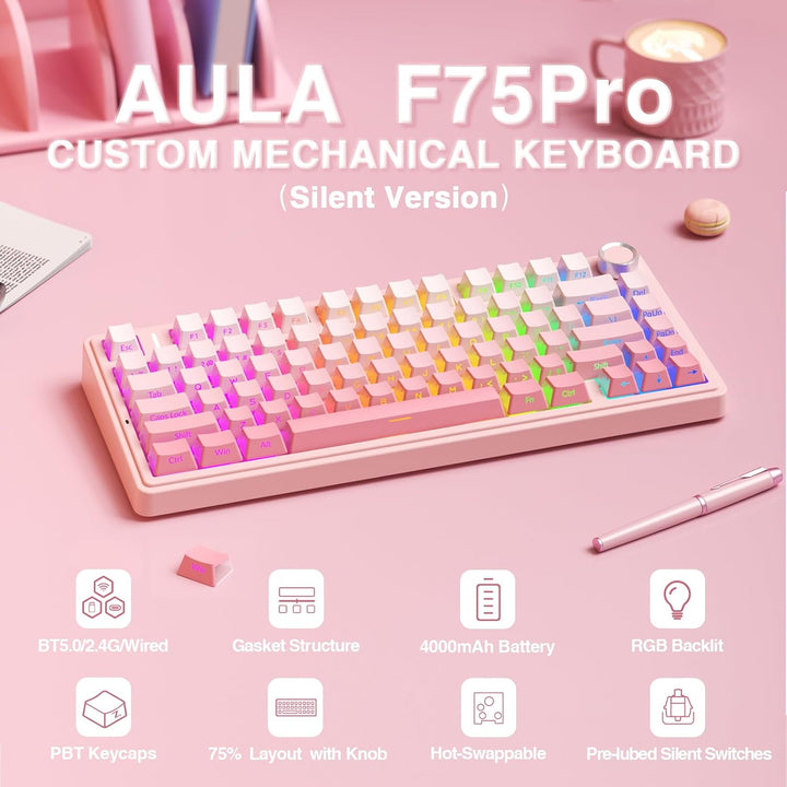 AULA Teclado mecánico inalámbrico F75 Pro, versión silenciosa, 75%...