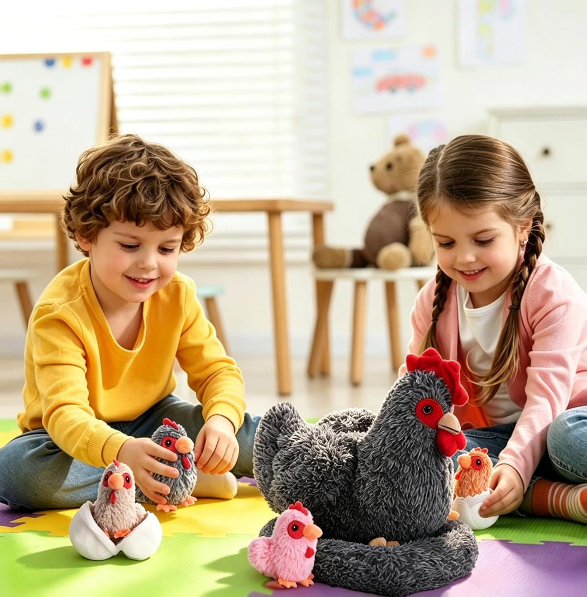 Juego de animales de peluche de pollo 9 en 1, juguete de peluche de pollo con barras, gallina ponedora con cremallera y pollitos de juguete, pollos, huevos y gallinero, juguetes para