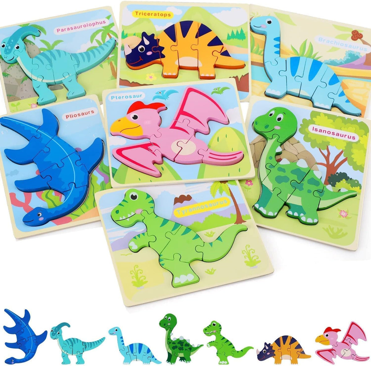 TOY Life Paquete de 15 rompecabezas de madera para niños pequeños, incluye 7 rompecabezas de dinosaurios, 8 rompecabezas de animales