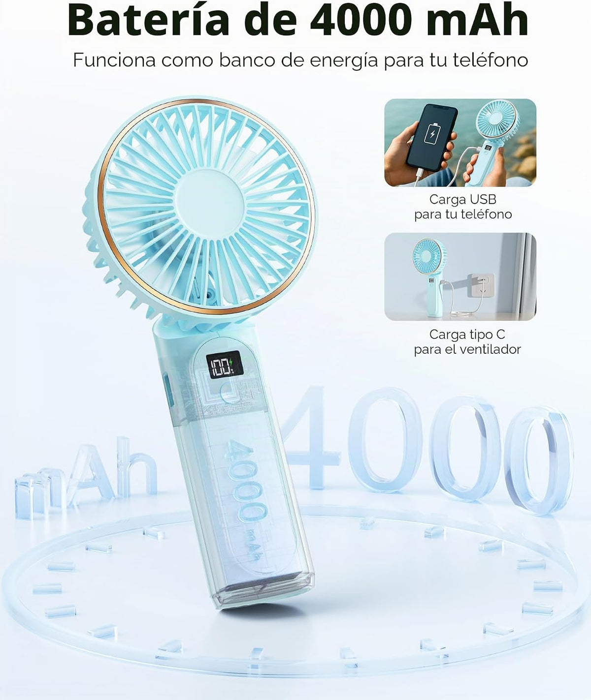 TUNISE Ventilador portátil de mano, 4000mAh, 180 ajustable, 6 veloc...