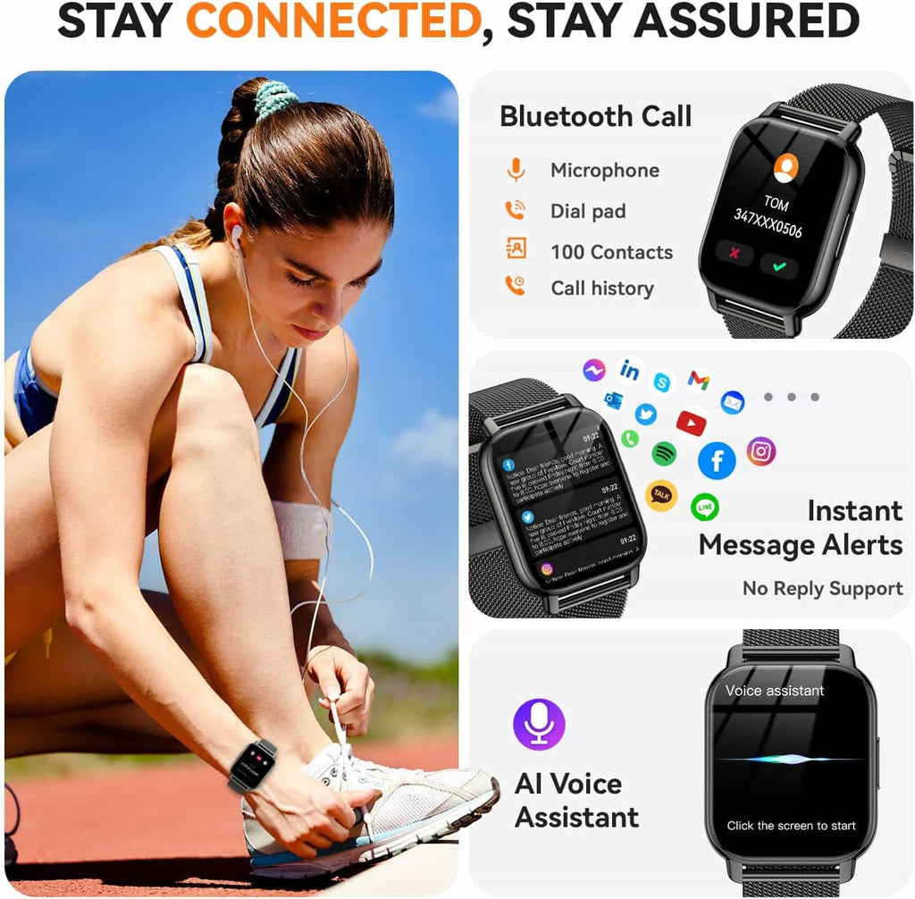 Reloj inteligente para mujer (3 bandas), reloj inteligente con llamadas Bluetooth y control de voz AI, pantalla HD de 1.85 pulgadas, monitor de frecuencia cardíaca/SpO2, rastreador de sueño, compatible con Android iOS (negro)
