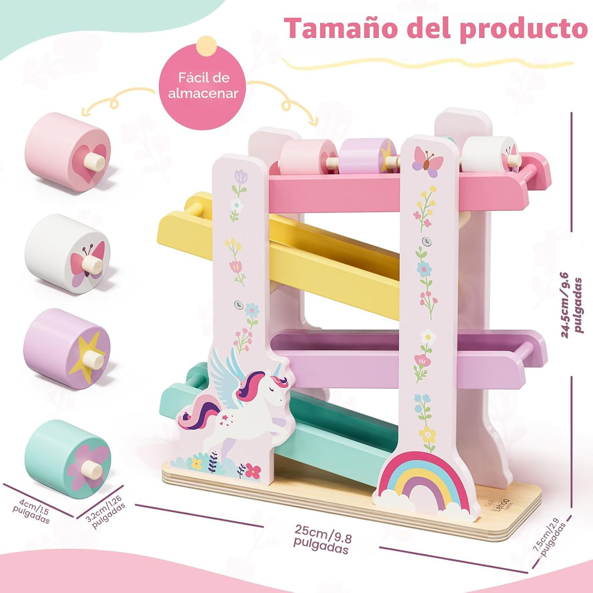 Lehoo Castle Unicorn Wooden Car Ramp Toy para 1 Year Old Girls