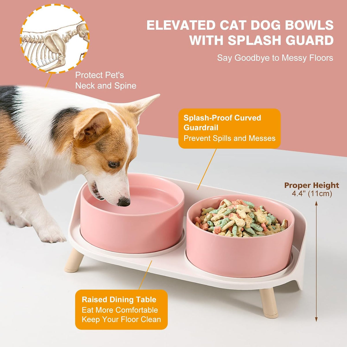 Juego de cuencos elevados de cerámica para perros – Cuencos dobles para alimentación para perros con soporte a prueba de salpicaduras – Platos elevados para alimentos y agua – Ideal para perros pequeños a medianos – 2 x 24.3 fl oz – 11.3 oz – Rosa