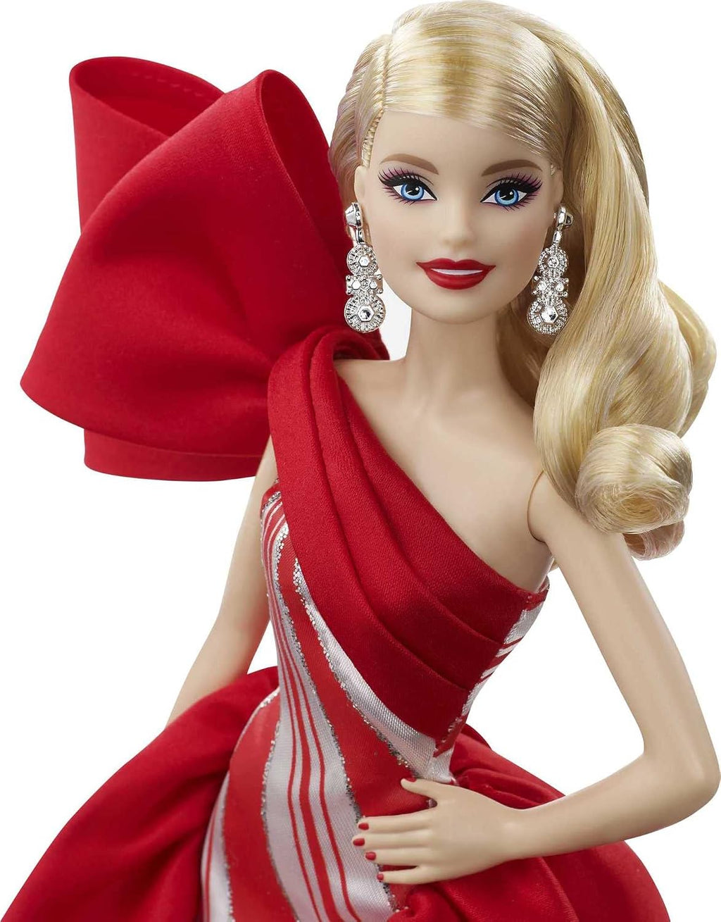 Barbie Muñeca navideña 2019, 11.5 pulgadas, rubia, con vestido rojo y blanco, con soporte para muñeca y certificado de autenticidad