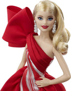 Barbie Muñeca navideña 2019, 11.5 pulgadas, rubia, con vestido rojo y blanco, con soporte para muñeca y certificado de autenticidad