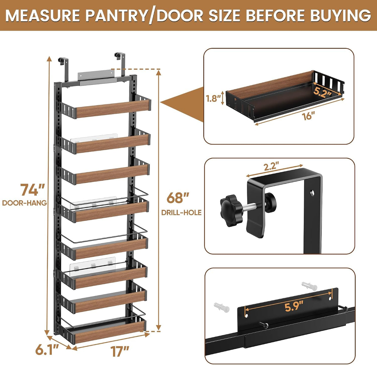 Organizador de despensa de 8 niveles sobre la puerta, 2 en 1 para montaje en pared o estante de especias colgante, estantes de condimentos con cesta ajustable, organizador trasero de puerta y