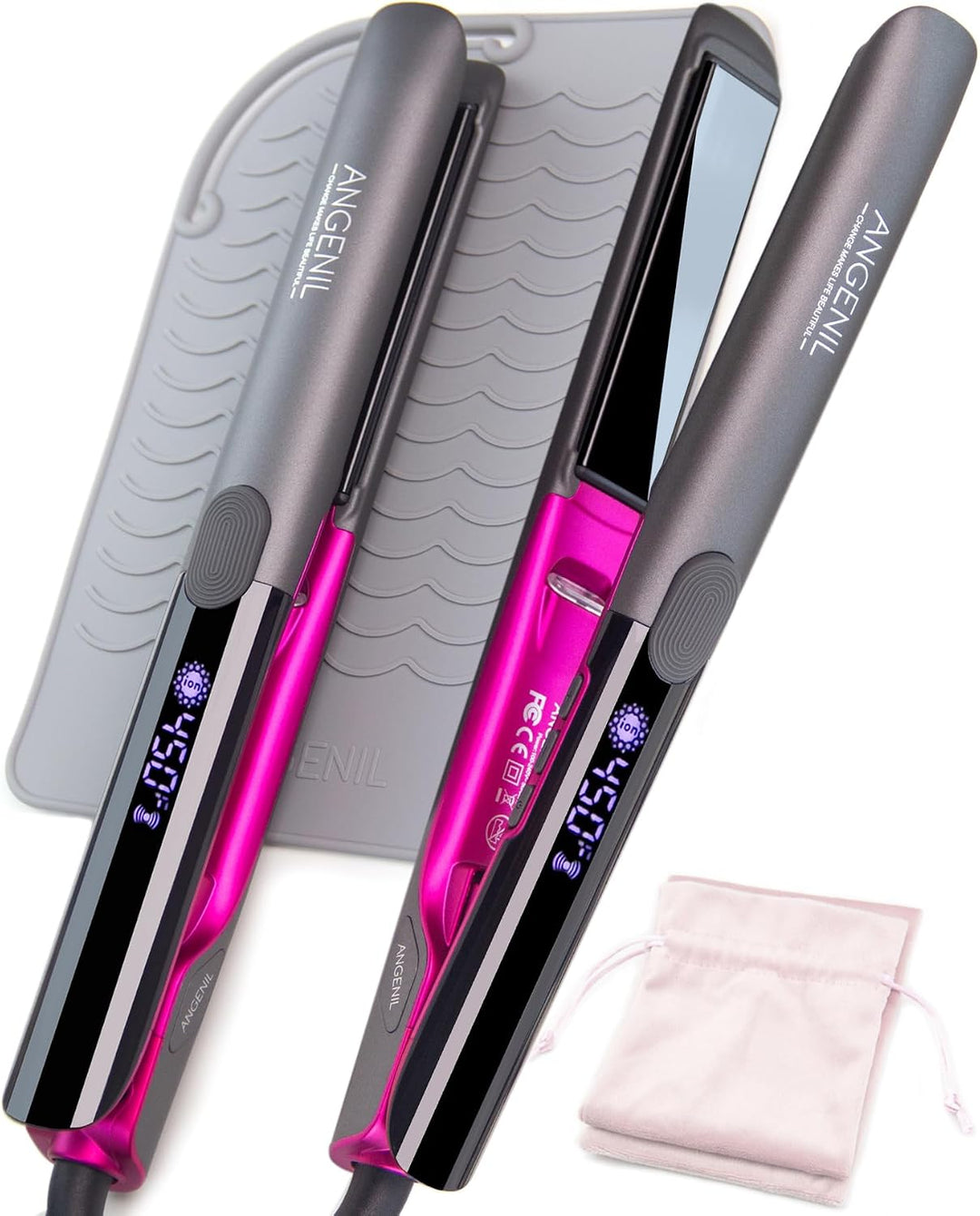 ANGENIL Plancha Alisadora de Cabello Redonda Rosa Pro de Doble Volt...