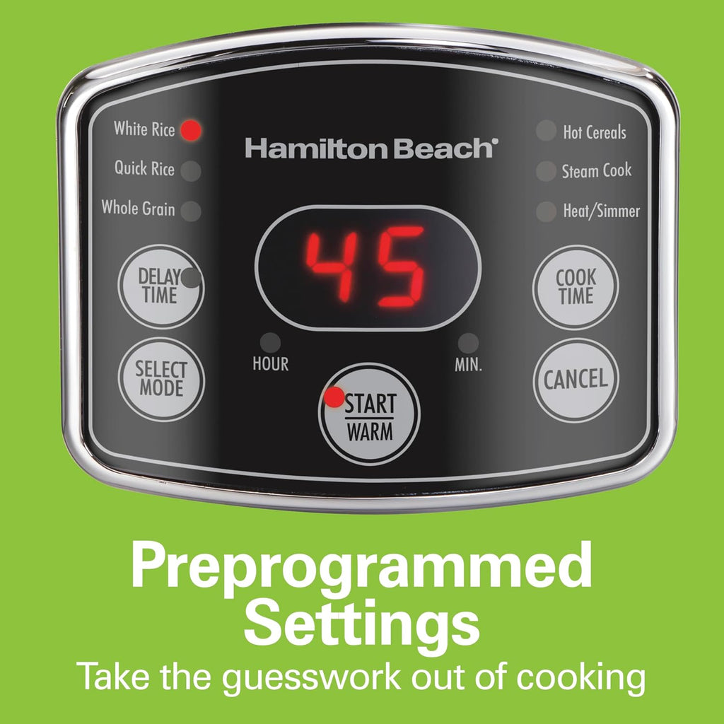 Hamilton Beach Arrocera digital programable y vaporizador de alimentos, 14 tazas cocidas (7 sin cocinar) con cesta de vapor y enjuague, acero inoxidable (37548)