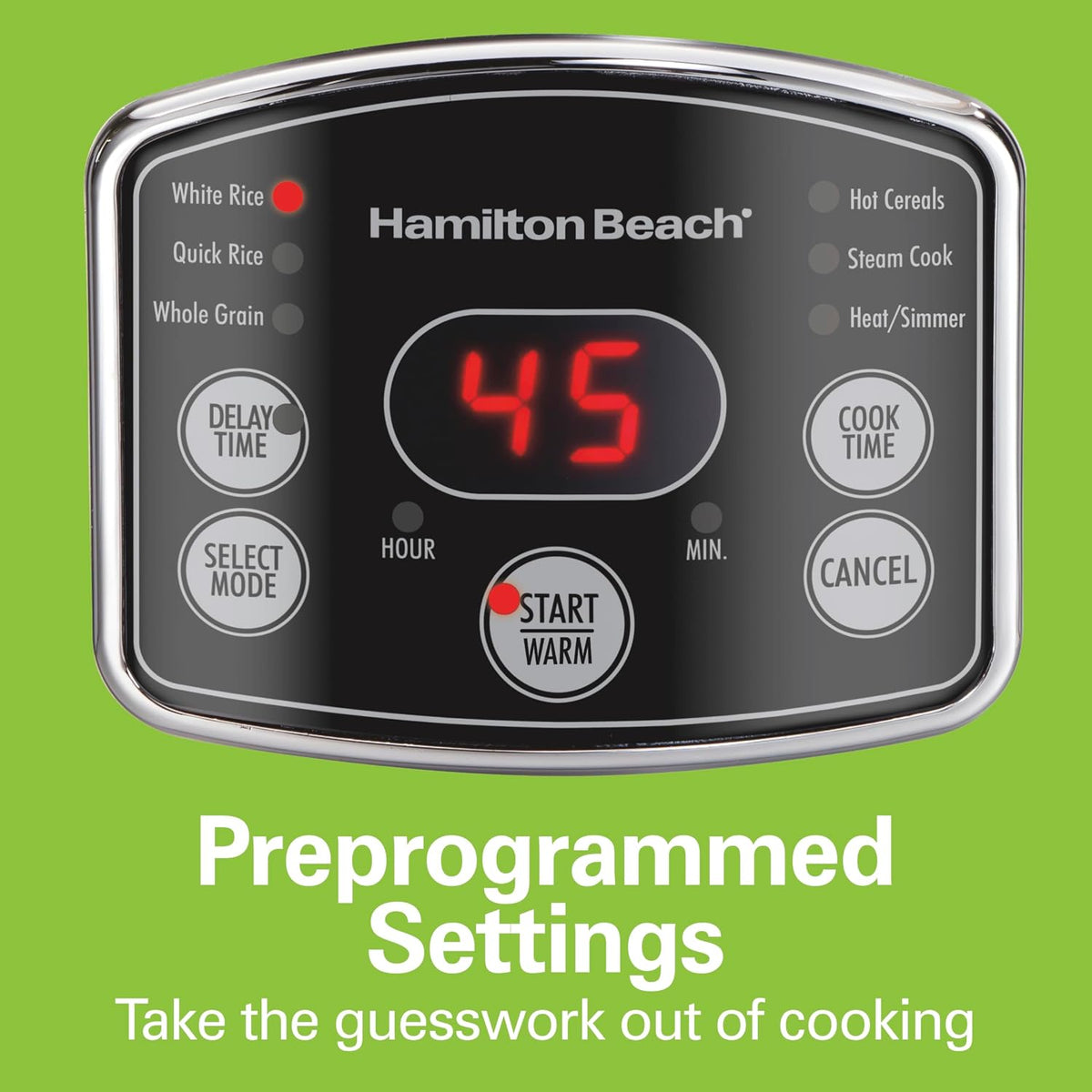 Hamilton Beach Arrocera digital programable y vaporizador de alimentos, 14 tazas cocidas (7 sin cocinar) con cesta de vapor y enjuague, acero inoxidable (37548)