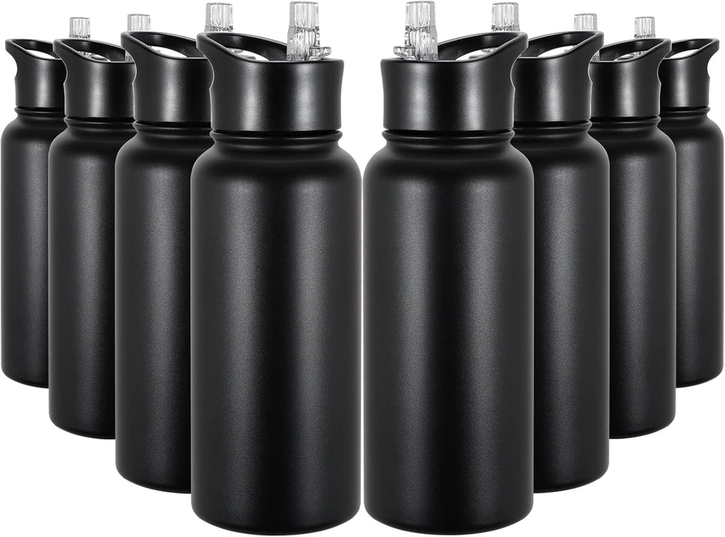 Botella de Agua Aislada de 32 oz Paquete a Granel de 8, Botellas de Agua Deportivas de Acero Inoxidable con Tapa de Pajita y Tapas de Boca Ancha, Vacío de Doble Pared, A Prueba de Fugas, Negro