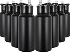 Botella de Agua Aislada de 32 oz Paquete a Granel de 8, Botellas de Agua Deportivas de Acero Inoxidable con Tapa de Pajita y Tapas de Boca Ancha, Vacío de Doble Pared, A Prueba de Fugas, Negro