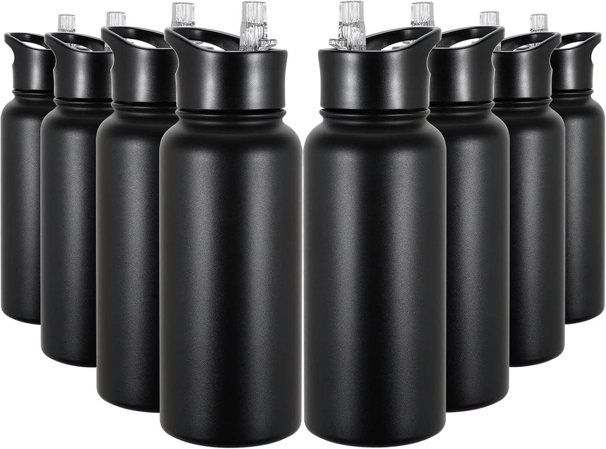 Botella de Agua Aislada de 32 oz Paquete a Granel de 8, Botellas de Agua Deportivas de Acero Inoxidable con Tapa de Pajita y Tapas de Boca Ancha, Vacío de Doble Pared, A Prueba de Fugas, Negro