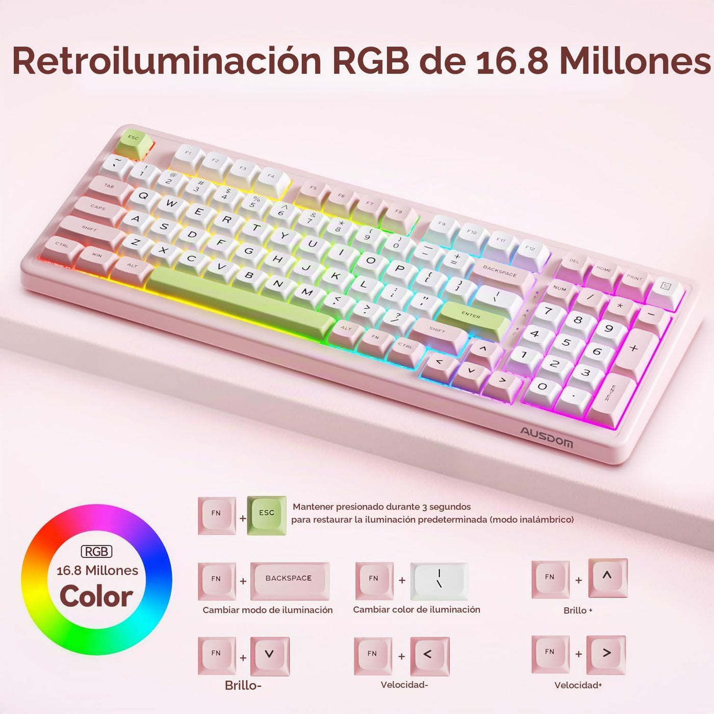 AUSDOM H98 - Teclado mecánico cremoso rosa, teclado inalámbrico sil...