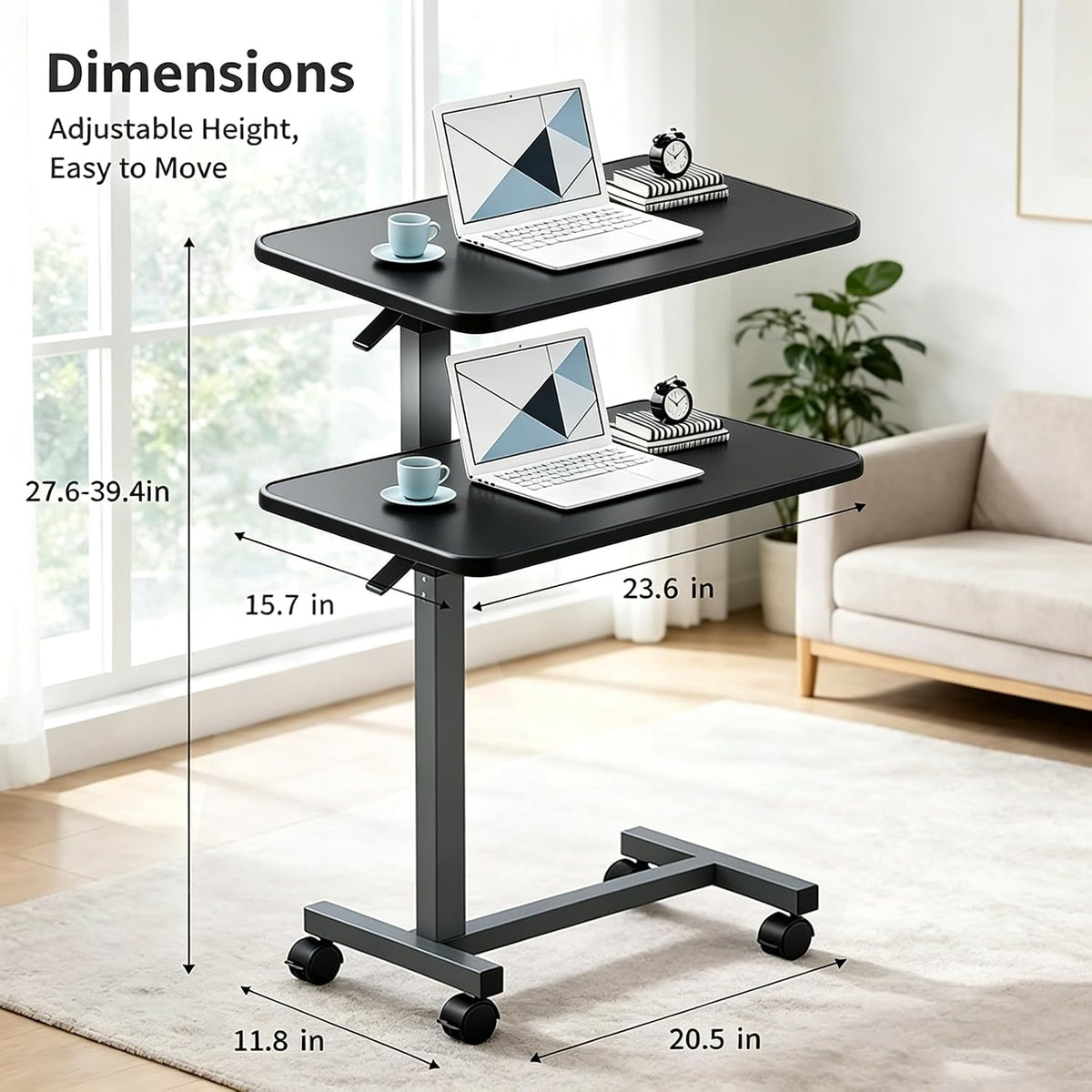 Mesa de noche ajustable con ruedas, mesa de noche neumática con elevación de altura, escritorio de pie para uso doméstico y oficina, ideal para personas mayores y movilidad limitada (negro)