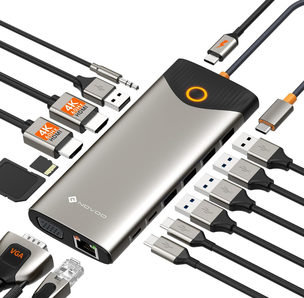 NOVOO Estación de acoplamiento USB C con monitor doble, estación de acoplamiento para laptop 15 en 1, 3 monitores con 2 puertos HDMI, VGA, USB C/A, 100 W PD, RJ45, SD/TF y audio, adaptador multipuerto