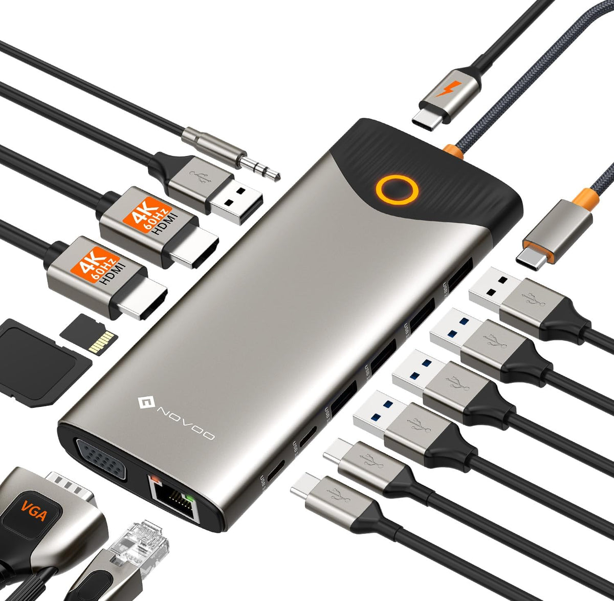 NOVOO Estación de acoplamiento USB C con monitor doble, estación de acoplamiento para laptop 15 en 1, 3 monitores con 2 puertos HDMI, VGA, USB C/A, 100 W PD, RJ45, SD/TF y audio, adaptador multipuerto