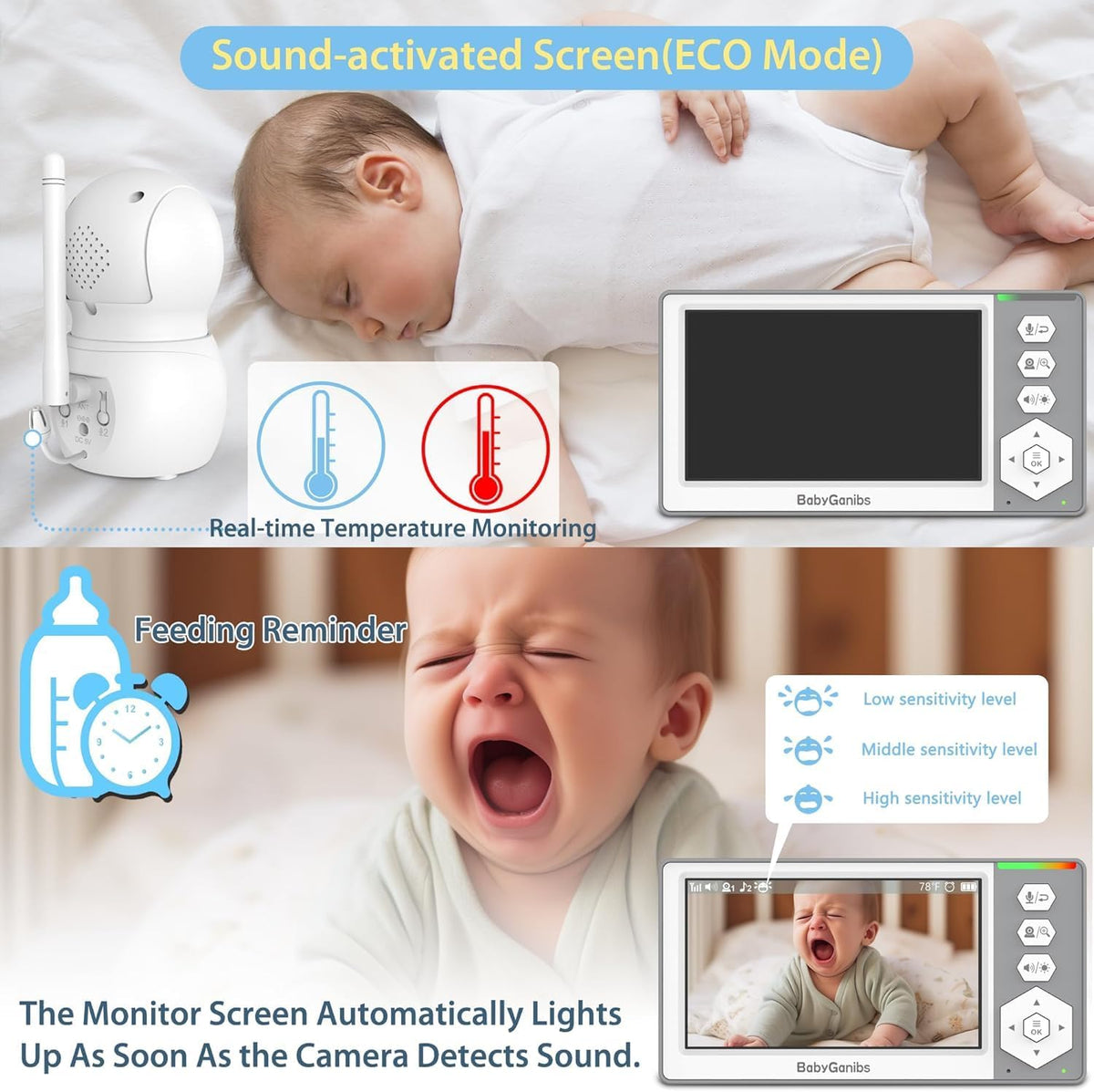 Monitor de bebé Baby Ganibs con 4 cámaras en espera con batería de...