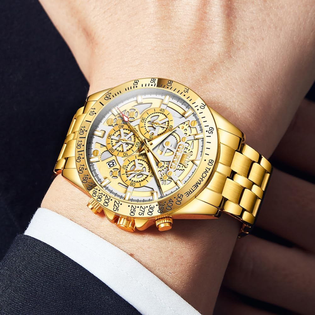 OLEVS Reloj para Hombres Esqueleto Negocio Vestir Acero Inoxidable Impermeable Luminoso Reloj de Pulsera para Hombres