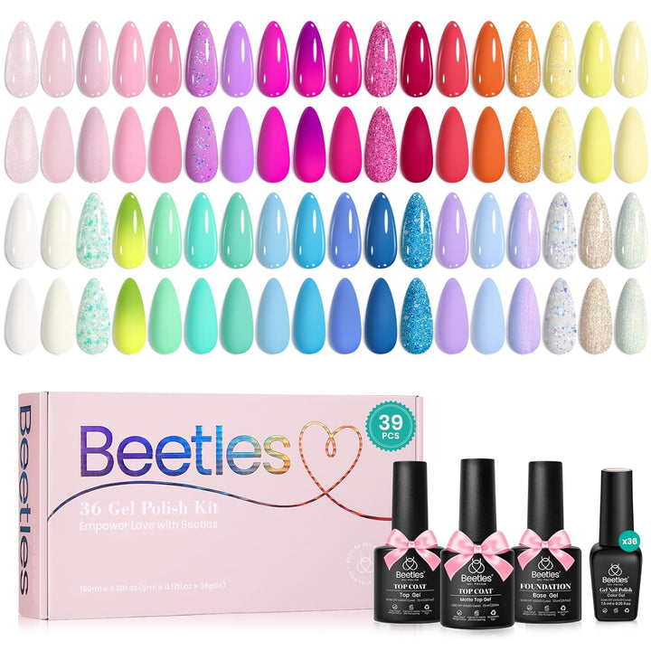 Beetles - Kit de esmalte de uñas de gel pastel, 36 colores con gel...