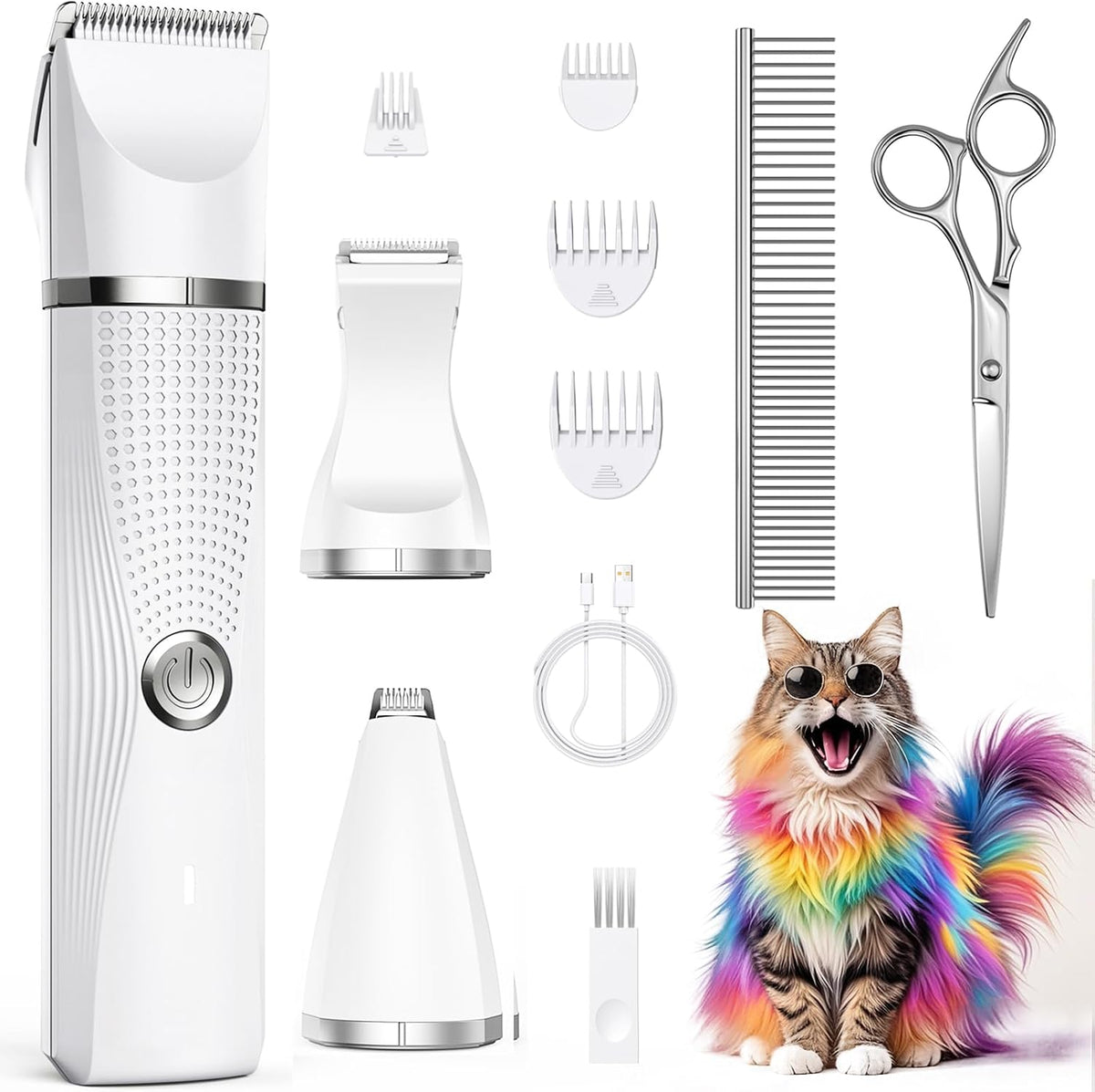Kit de cortapelos para gatos con recortador de patas, suministros eléctricos 3 en 1 para cabello grueso y enmarañado, afeitadora de trasero de abrigo pesado, afeitadora de pelo para perros en casa (blanco)