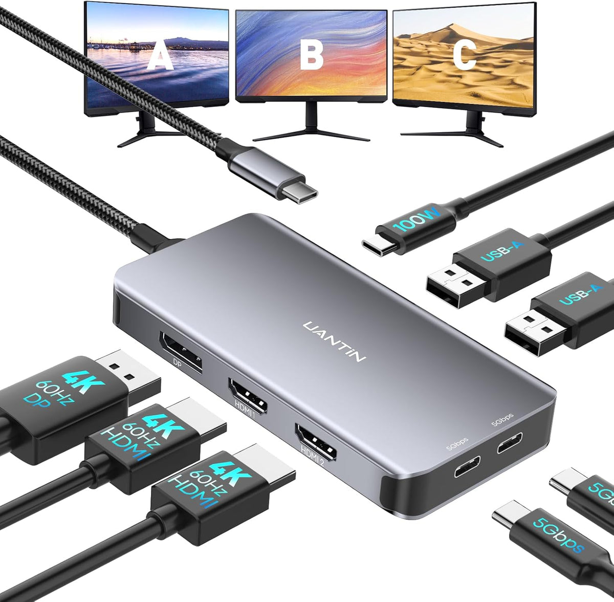 UANTIN - Estación de acoplamiento USB C con monitor dual, estación de acoplamiento para laptop 3 monitores