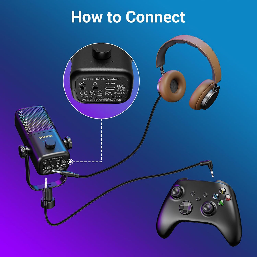 TONOR Micrófono Gaming Compatible con Xbox, Mic de Soporte RGB para Streaming con 30H de Batería, Bajo Ruido, Monitoreo, Control de Ganancia, Mudo con un Toque, Carga Rápida, Compatible con Captura TCX3+ Negro