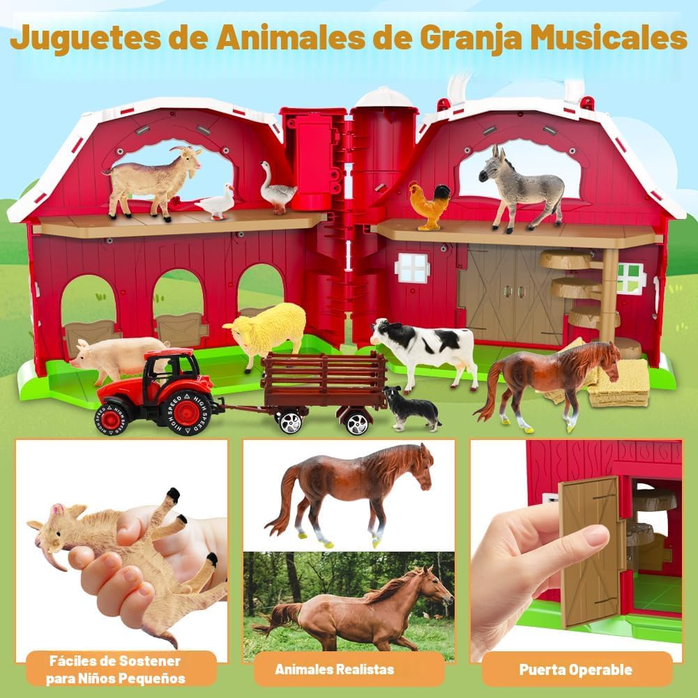 Juguetes de granero rojo para niños pequeños de 1 a 3 años, figuras...