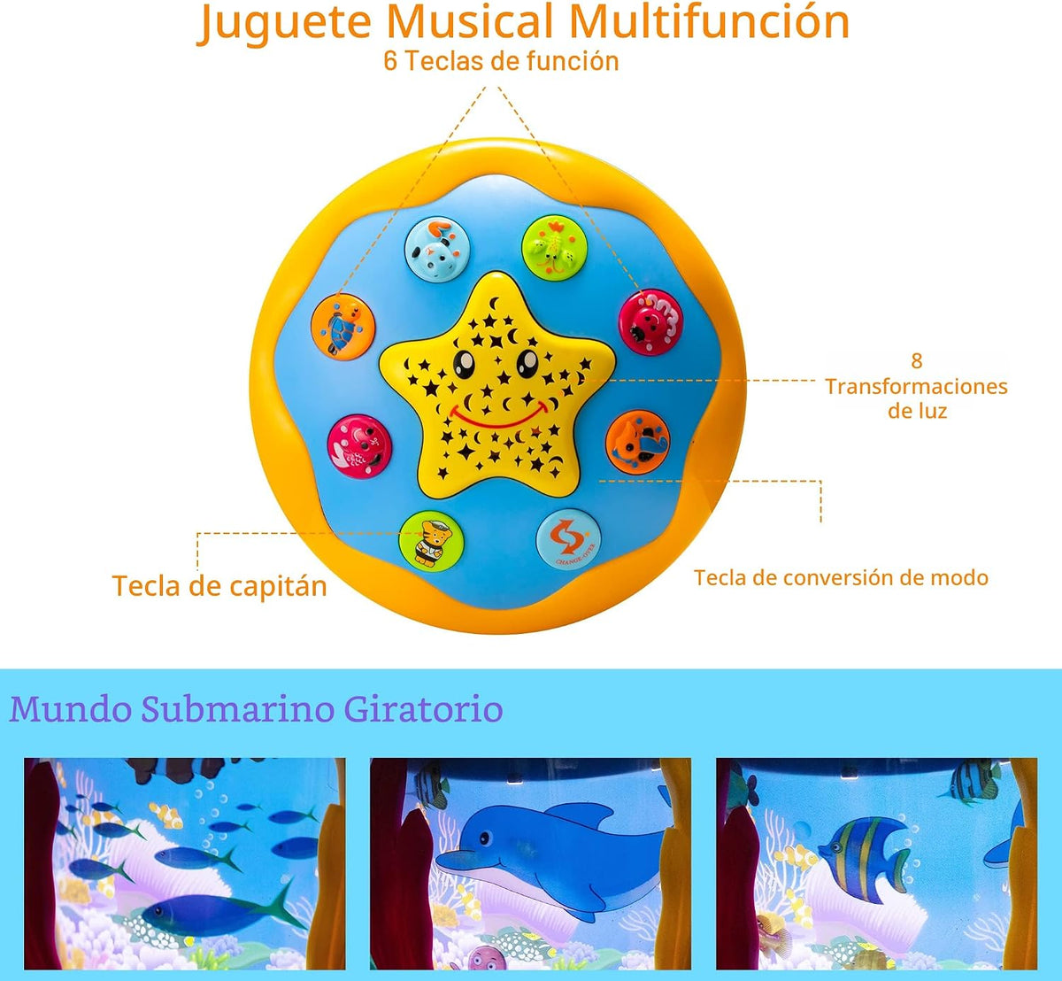 Juguetes musicales con luz para el tiempo de barriga, juguete de proyector giratorio de océano para niño y niña