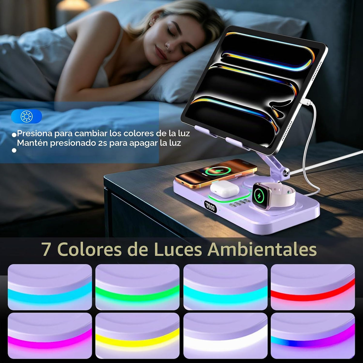 Estación de carga magnética para múltiples dispositivos Apple, cargador inalámbrico con reloj y luz, soporte de carga plegable con cable para iPad/Tab, cargador seguro para iPhone 17, para Apple Watch