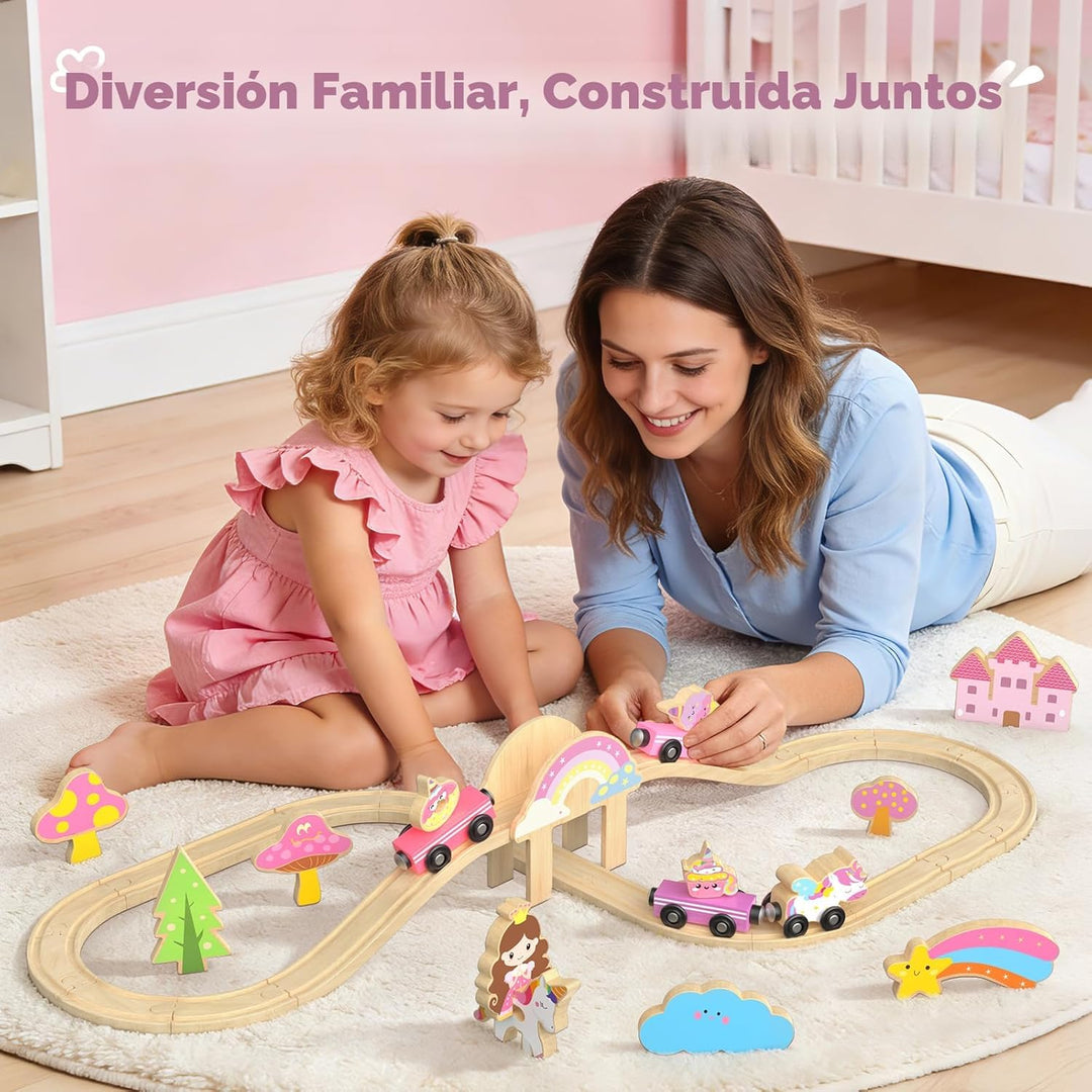 Juego de tren de madera de unicornio para niñas pequeñas de 2 a 4 a...