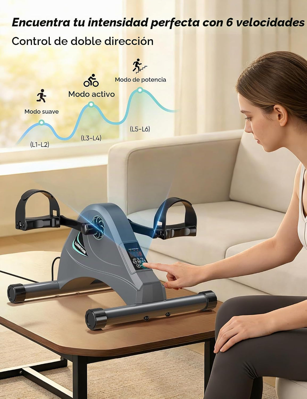 Bicicleta pedalera para bajo escritorio para personas mayores, LUBBYGIM Mini bicicleta de ejercicios para fisioterapia, máquina de pedal con motor eléctrico para brazo y pierna, 6 niveles de velocidad