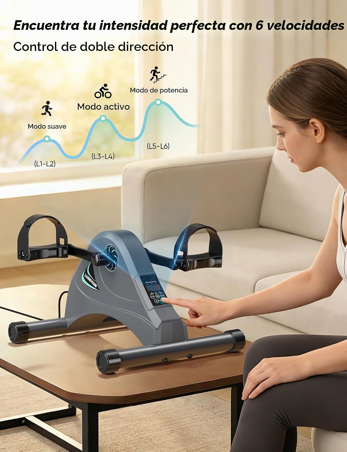 Bicicleta pedalera para bajo escritorio para personas mayores, LUBBYGIM Mini bicicleta de ejercicios para fisioterapia, máquina de pedal con motor eléctrico para brazo y pierna, 6 niveles de velocidad